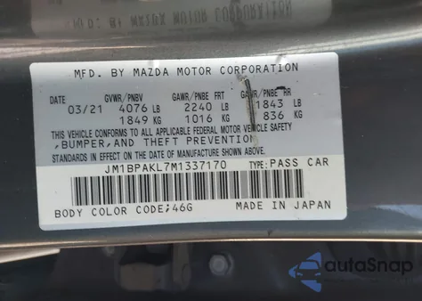 2021 Mazda Mazda3 Select из США, поврежденный, VIN JM1BPAKL7M1337170